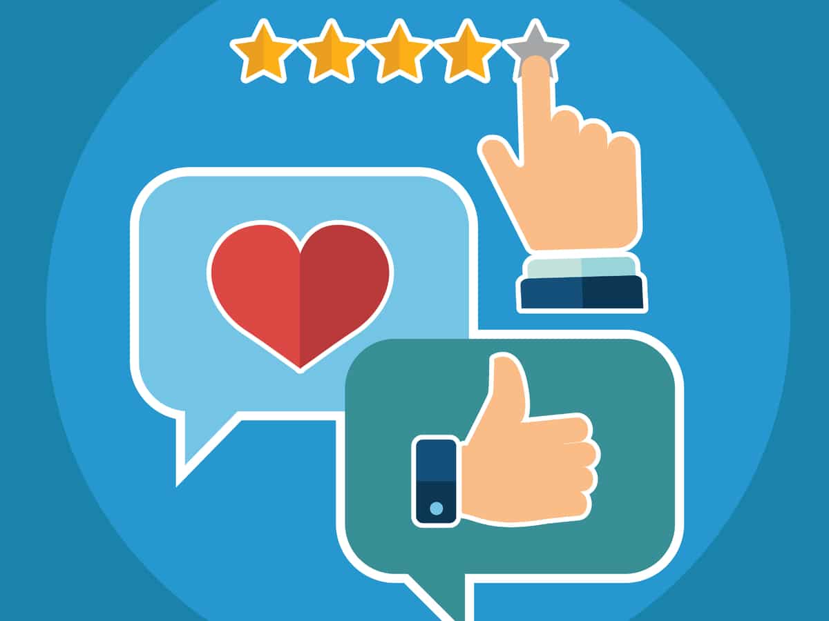 Icons of positive customer experience including heart thumbs up and five stars