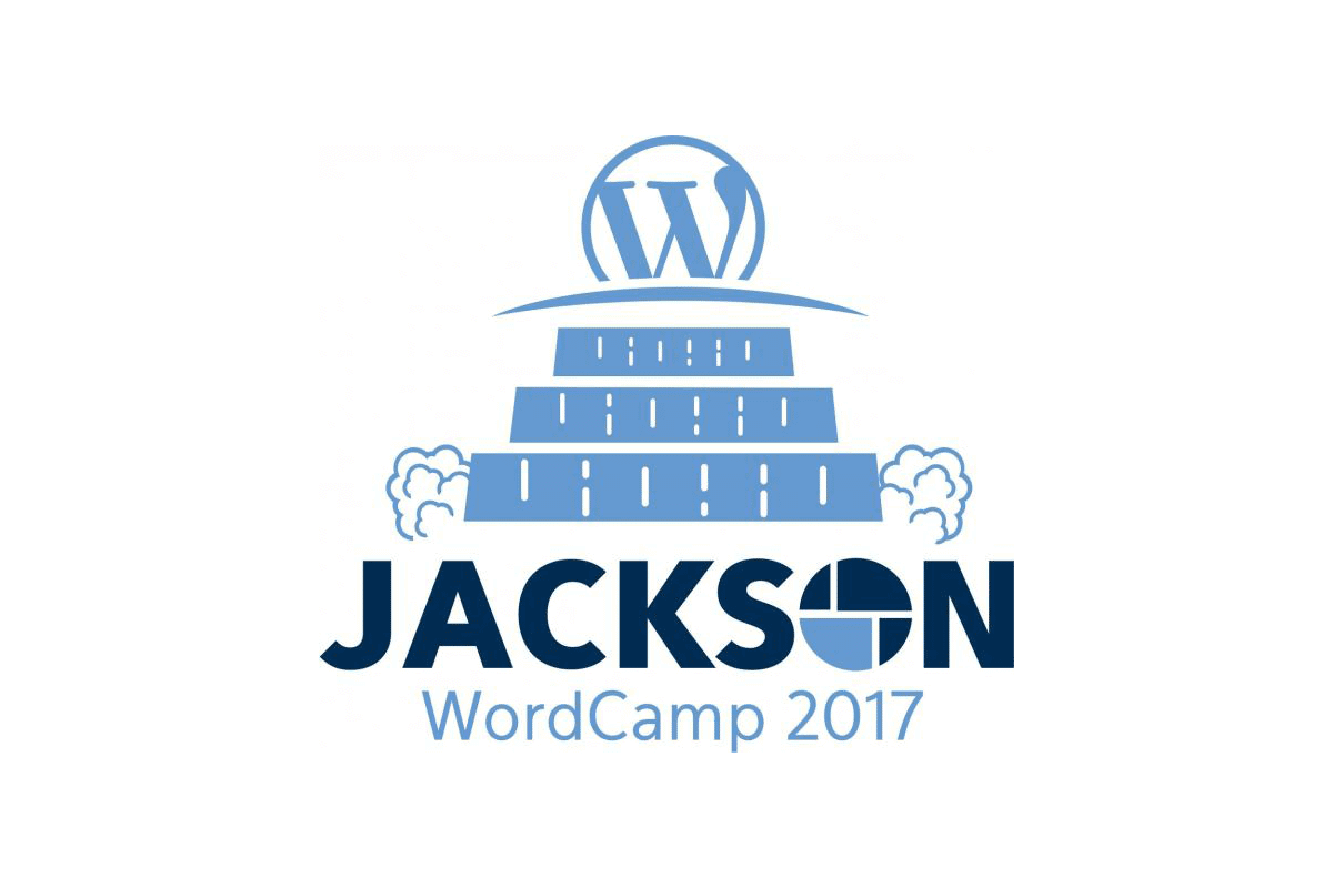 WordPress logo with graphic of Jackson Cascades with wordcamp jackson 2017 text