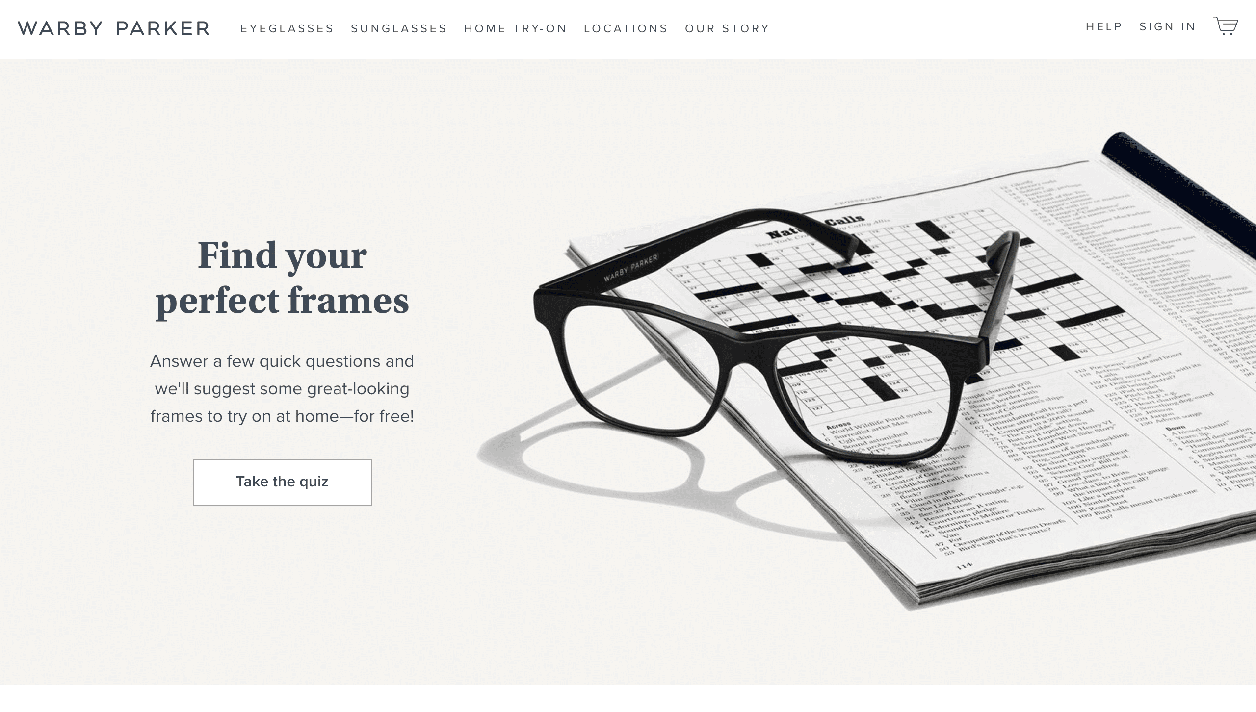 Landing page for Warby Parker showing white space in web design