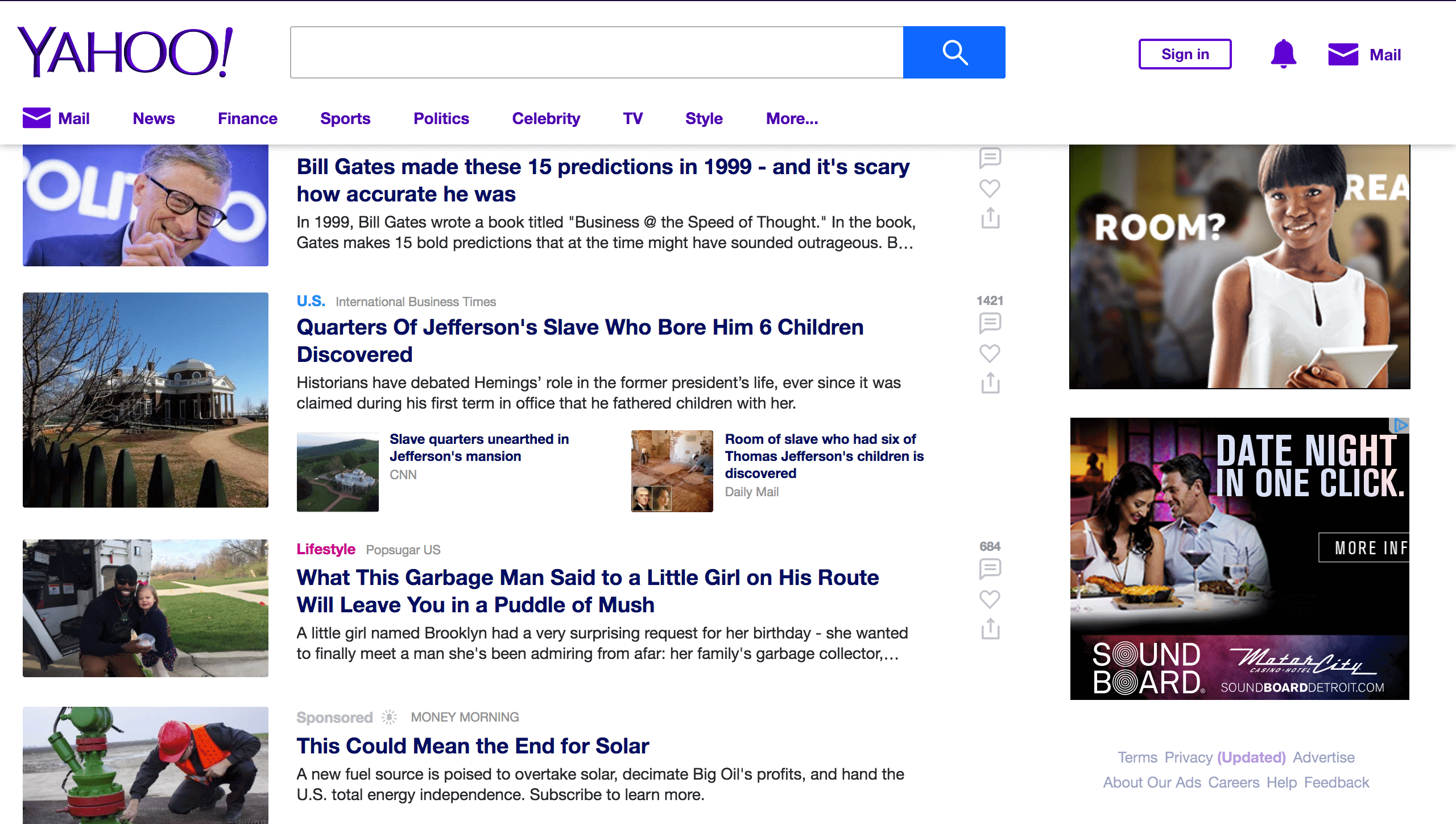 Yahoo! news page showing multiple news stories and advertisements