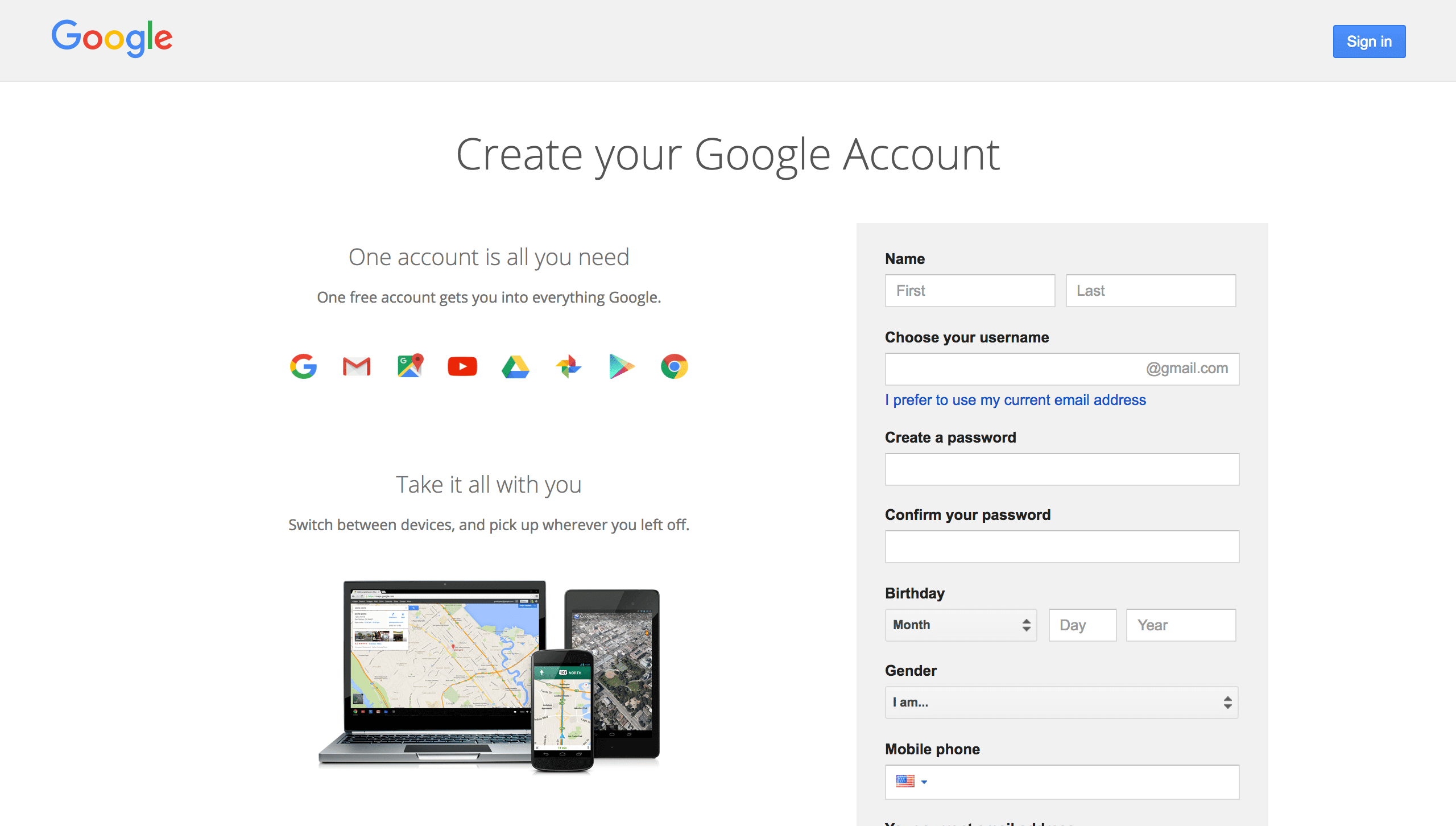 Landing page to create a Google Account with headline, minimal copy, and a sign-up form.