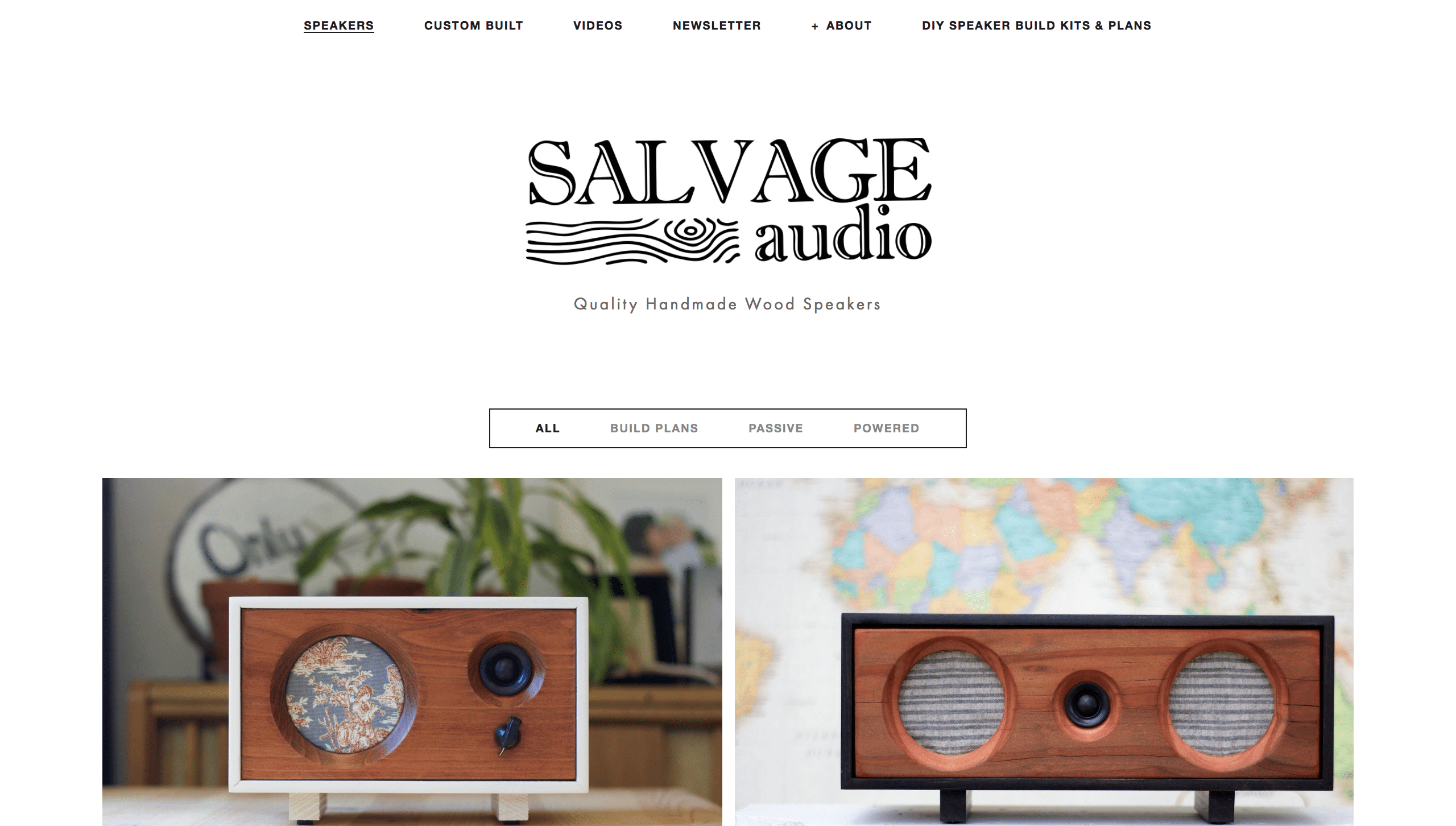 Home page for Salvage Audio, a refurbished wooden speaker website
