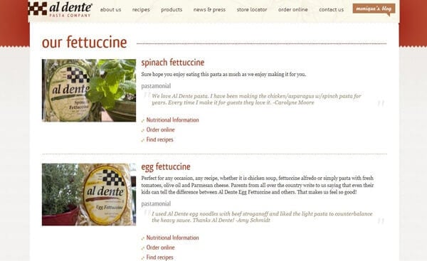 Product Sub Page Designs for Aldente Pasta