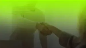 two people shaking hands with a green and black gradient